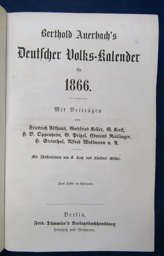 Bertholds Auerbach Volks-Kalender 1866 Beiträge von Keller u.a. illustriert js