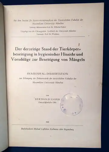 Sauer Der derzeitige Stand der Tierkörperbeseitigung hygienisch 1950 Wissen js