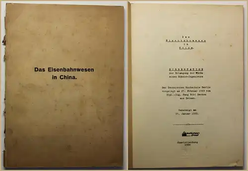 Dissertation von Fang Schi Dochou über das Eisenbahnwesen in China um 1930 sf