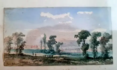 Franz Alt -  Aquarell auf Velin "Baumbestandene Landschaft mit Paar" 1877 sf