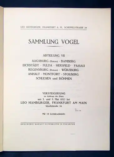 Sammlung Vogel Abteilung VII 1927 Versteigerung im Auftrag des Erben Wissen js