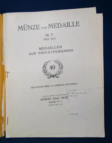 Münze und Medaille Nr.7 Mai 1927 Medaillen auf Privatpersonen 40 J. Bestehen js