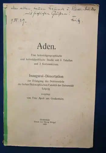 Aden Eine kolonialgeographische Studie mit 8 Tabell. und 3 Karten selten 1929js