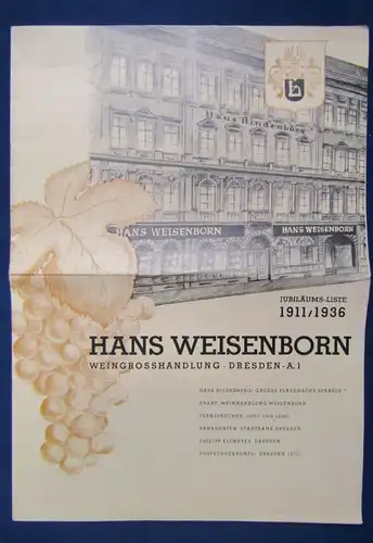 Weinkatalog Preisliste Hans Weisenborn Weingrosshandlung Dresden 1936 js