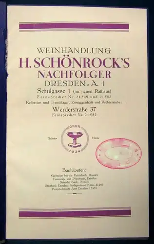 Weinkatalog Preisliste H. Schönrocks Nachfolger 1926 Weißwein Rotwein Alkohol js