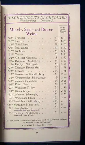 Weinkatalog Preisliste H. Schönrocks Nachfolger 1926 Weißwein Rotwein Alkohol js