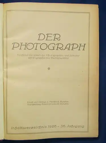 Der Photograph Fachblatt f. sämtliche Photographen u. Händler 1926 36.Jahrg. js