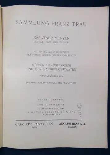 Sammlung Franz Trau Kärntner Münzen des XVI.-XVIII. Jahrhunderts 1935  js