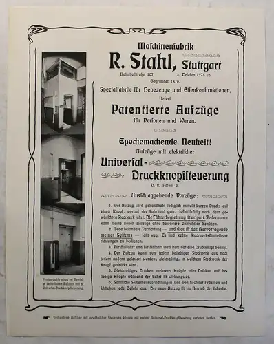 Altes Werbeblatt Maschinenfabrik Rafael Stahl Stuttgart Aufzüge Lifte um 1910 xz