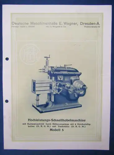 Or. Prospekt Maschinenhalle Wagner Hochleistungs-Schnellhobelmaschine 1920  js