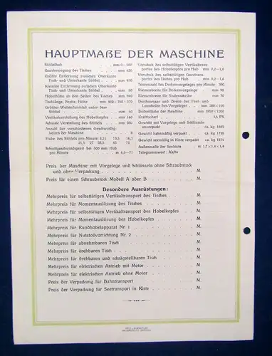 Or. Prospekt Maschinenhalle Wagner Hochleistungs-Schnellhobelmaschine 1920  js