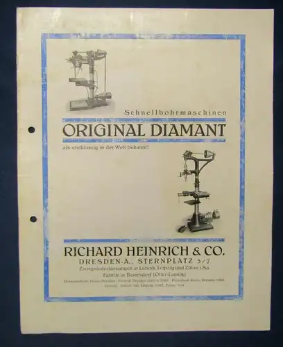 Or. Prospekt Diamant Schnellbohrmaschinen Richard Heinrich & Co. um 1920  js
