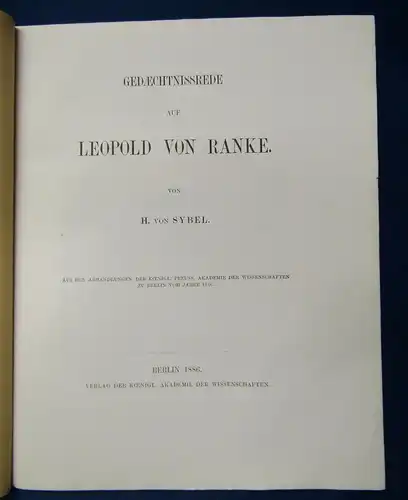 Sybel Gedaechtnissrede auf Leopold von Ranke 1886 Wissen Studium selten js