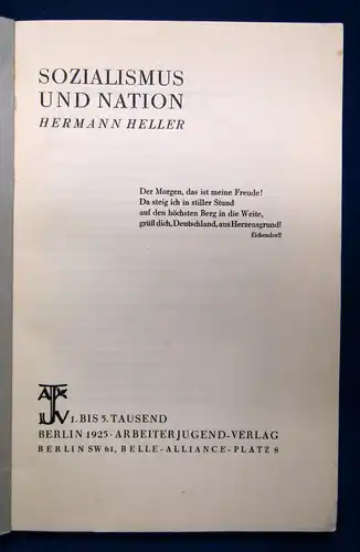 Heller Sozialismus und Nation 1925 Geschichte Gesellschaft Staat selten sf