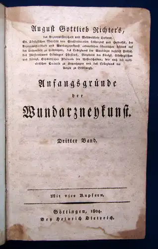 Richter Anfangsgründe der Wundarzneikunst 3. Band 1804 Ophtalmologie Medizin sf