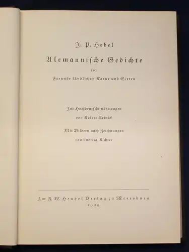 Hebel Allemannische Geschichte für Freunde ländlicher Natur und Sitten 1929 js