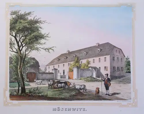 kolor. Lithografie Möschwitz Poenicke Schlösser & Rittergüter um 1855 Sachsen xz