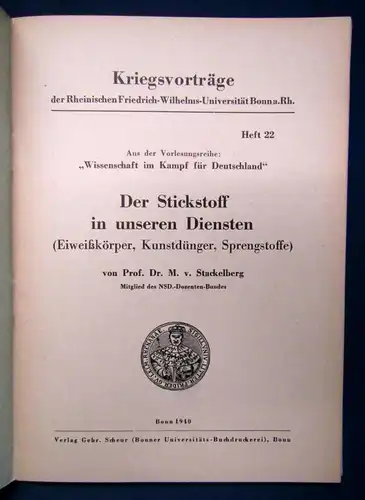 Stackelberg Kriegsvorträge Der Stickstoff in unseren Diensten(Dünger ..)1940 js