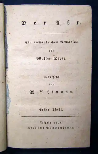 Scott Der Abt ein romantisches Gemälde 3 Bände 1821 Belltristik Erzählungen js