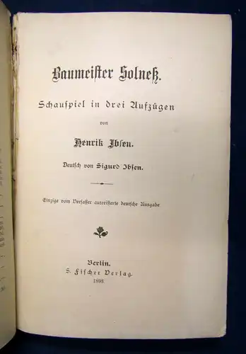 Ibsen Baumeister Solneß 1893 Schauspiel Theater Belletristik Erstausgabe sf