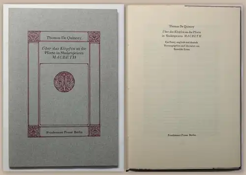 DeQuincey Über das Klopfen an die Pforte Essay 1986 Pressendruck Friedenauer xz