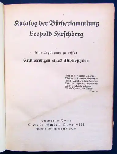 Katalog der Büchersammlung Leopold Hirschberg 1920 Erinnerung Bibliophilen js