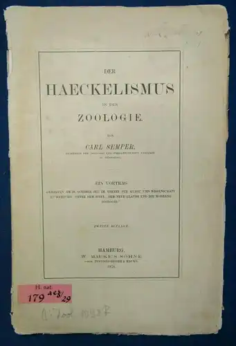 Semper Der Haeckelismus in der Zoologie 1876 Ein Vortrag Naturforscher  js
