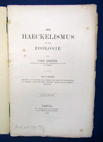 Semper Der Haeckelismus in der Zoologie 1876 Ein Vortrag Naturforscher  js