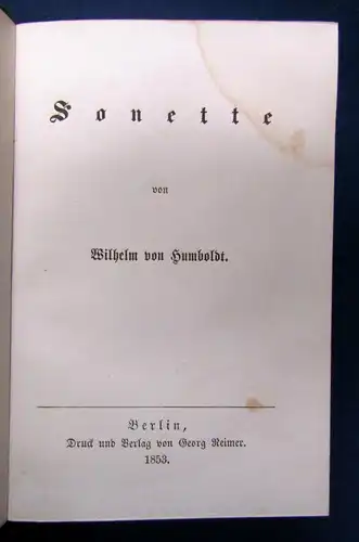 Humboldt Sonette 1853 seltene Erstausgabe Gedichtform Poetisch Frontispiz sf