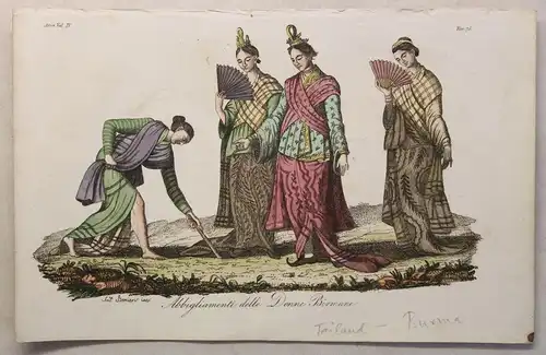 Asien Thailand Burma Trachten Kupferstich um 1825 Bernieri handkoloriert Grafik