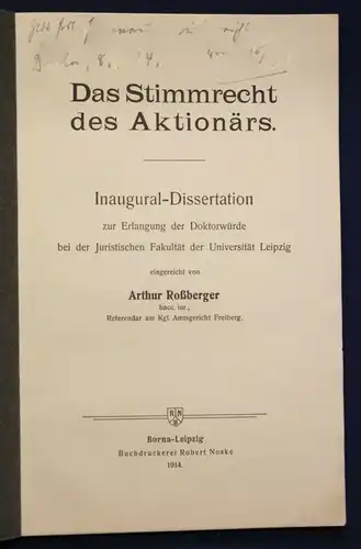 Roßberger Das Stimmrecht des Aktionärs 1914 Recht Wissen Studium Börse sf