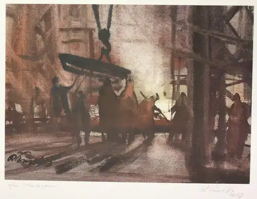 Richard Pusch - Aquarell auf Papier. Titel "Am Hochofen" 1950 Malerei Kunst sf