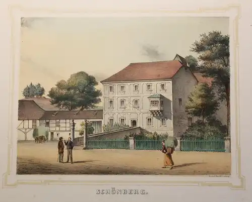 kolorierte Lithografie Schönberg Poenicke Schlösser Rittergüter um 1855 Sachsen