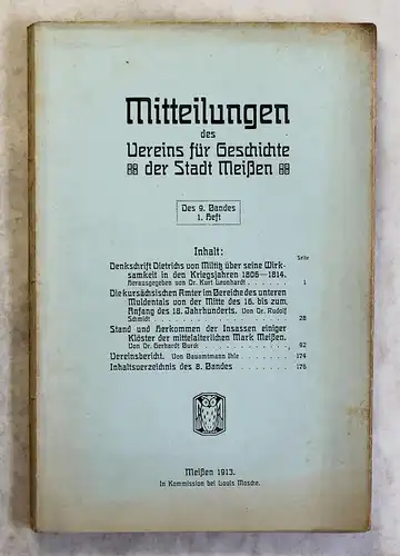 Mitteilungen Verein für Geschichte Meißen 9.Bd 1913 Militz Ortskunde Sachsen xz