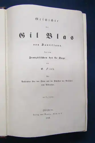 Fink Geschichte des Gil Blas von Santillana 1839 Abenteuer Belletristik Roman sf