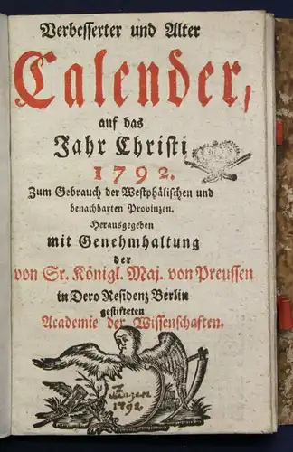 Verbesserter & Alter Calender auf das Jahr Christi 1792 Religion Kalendarium sf