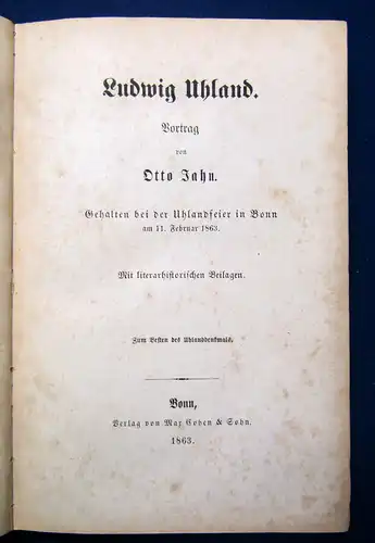 Jahn Ludiwg Uhland 1863 Literarhistorische Beilagen Belletristik Literatur js