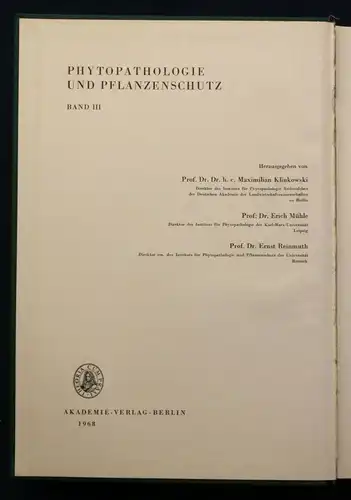 Klinkowski Phytopathologie und Pflanzenschutz 3. Band 1968 Botanik Pomologie sf