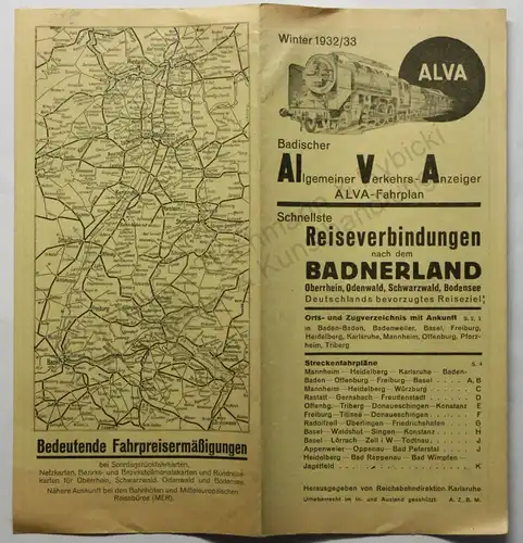 Prospekt Reklame ALVA Fahrplan Reiseverbindungen Badnerland 1932 Baden xz