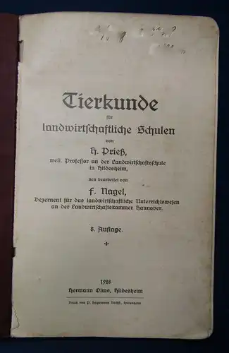 Prieß Tierkunde für landwirtschaftliche Schulen 1928 Biologie Zoologie Tiere  js