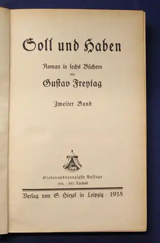 Freytag Soll und Haben 2 Bände 1918 Roman in sechs Büchern Wirtschaft js