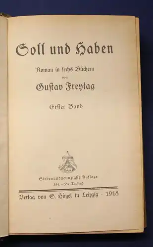 Freytag Soll und Haben 2 Bände 1918 Roman in sechs Büchern Wirtschaft js