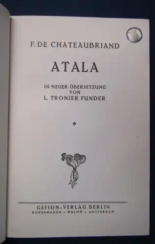 L. Tronier Funder Atala ohne Jahr Roman Belletristik Erzählungen Dichtung js