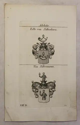 Kupferstich Wappen Familie Edle von Silberhorn & Von Silbermann 1825 Heraldik xz