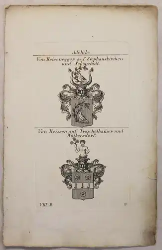 Kupferstich Wappen Familie Reisenegger Stephanskirchen Reissen auf 1825 Heraldik