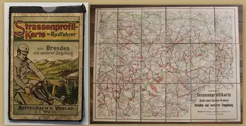 Original Strassenprofilkarte für Radfahrer um 1920 Dresden Geografie Sachsen sf
