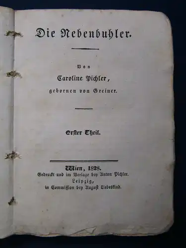 Sämmtliche Werke Caroline Pichler 9. Band 1828 "Die Nebenbuhler" Belletristik sf