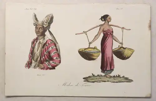 Asien Sundainsel Timor Trachten Kupferstich um 1825 Sasso handkoloriert Grafik