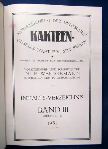 Werdermann Monatsschrift der deutschen Kakteen-Gesellschaft 3. Band 1931 sf