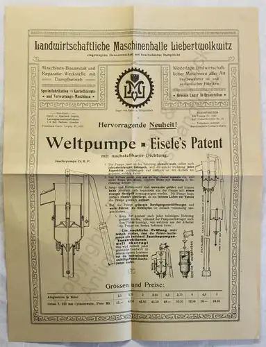 Originial Werbeblatt Landwirt. Maschinenhalle Liebertwolkwitz Pumpen Eisele 1909